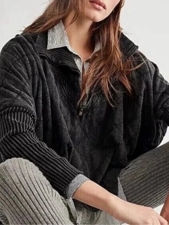 free people Tops - Free People Fp One Shiloh Sweatshirt Pullover Black Oversized Ribbed Top S